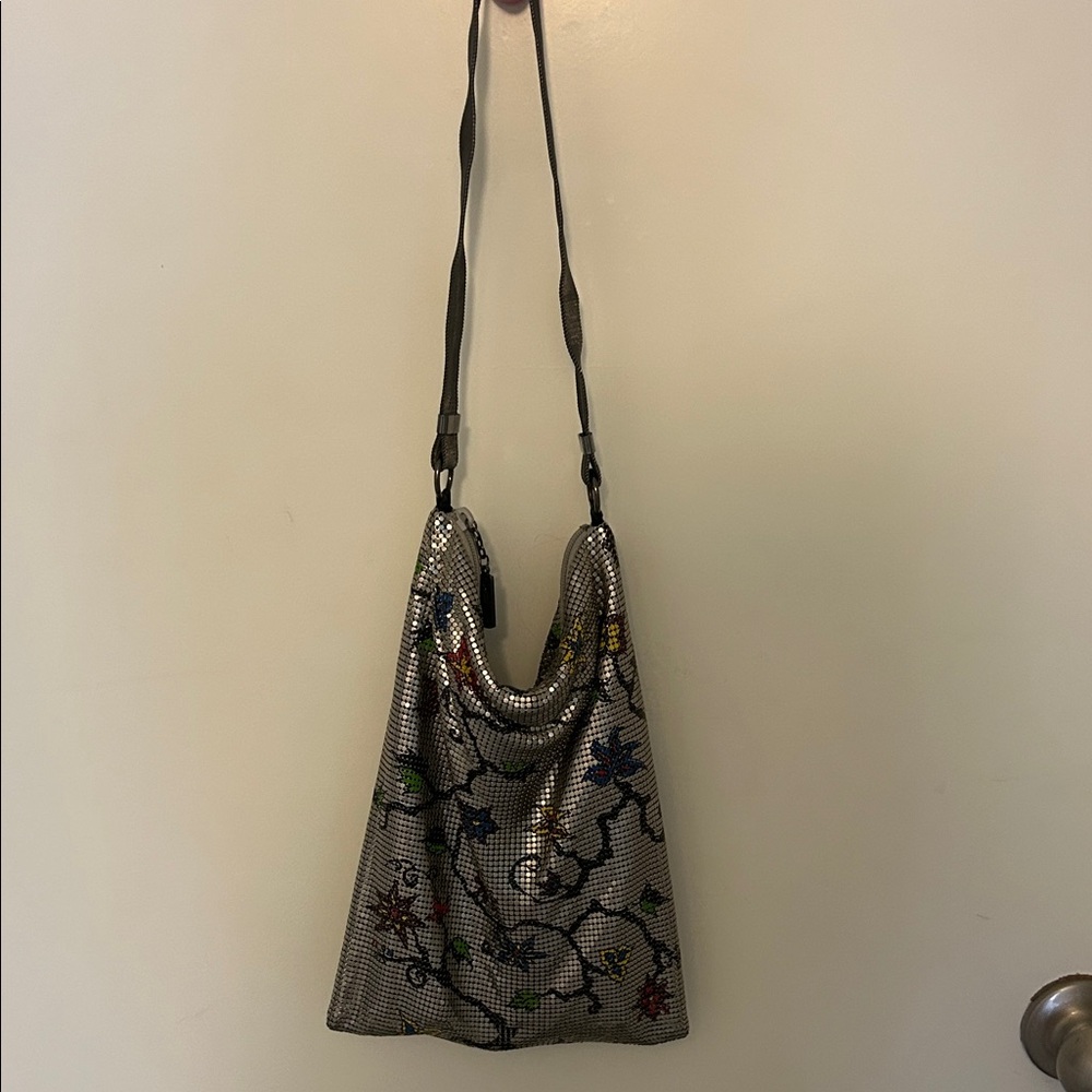 Whiting & Davis Silver Mesh Shoulder Bag with Floral Design